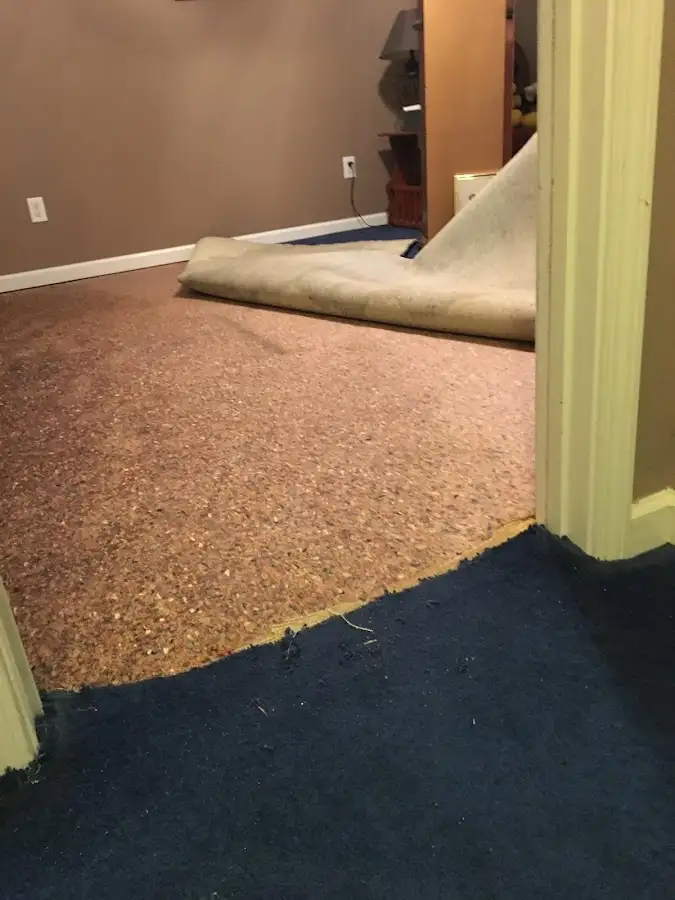 Carpet pad removal revealing water damage during Water Mitigation Services in Woodridge